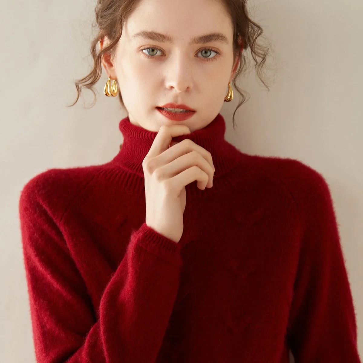 Suéter de cachemira con cuello alto para mujer Jersey de cuello alto de punto texturizado - Imagen 8