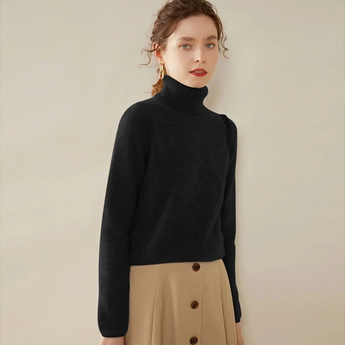 Suéter de cachemira con cuello alto para mujer Jersey de cuello alto de punto texturizado - Imagen 7