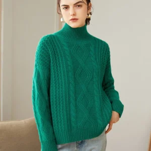 Cable de mujer Cable de punto Turtleneck Sweater de cachemir de manga larga