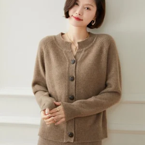Ladies Crew Neck Cashmere Cardigan Ribete de acaba Cantolera