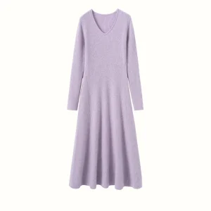 Vestido de cachemira con cuello en V para mujer Vestido largo de cachemira de manga larga de punto acanalado
