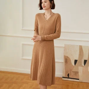 Vestido de línea A-línea de cachemir de mujer manga larga V cuello vecino midi vestido