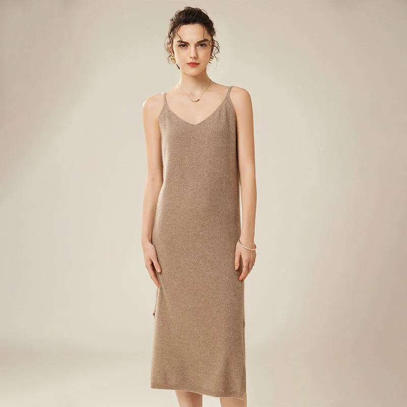 Vestido lencero de cachemira pura para mujer Vestidos de cachemira sin mangas con cuello en V - Imagen 7