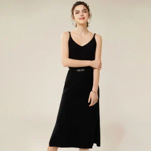 Vestido lencero de cachemira pura para mujer Vestidos de cachemira sin mangas con cuello en V
