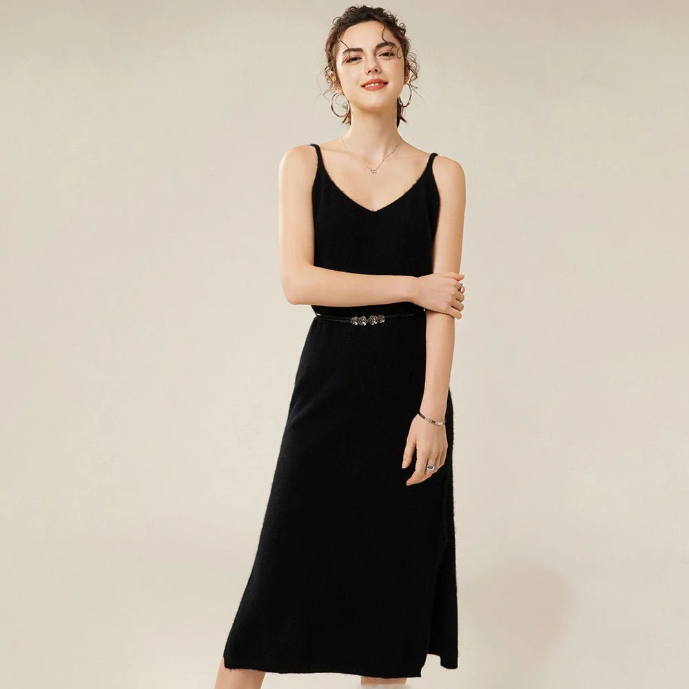 Vestido lencero de cachemira pura para mujer Vestidos de cachemira sin mangas con cuello en V