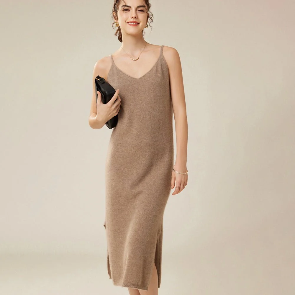 Vestido lencero de cachemira pura para mujer Vestidos de cachemira sin mangas con cuello en V - Imagen 6