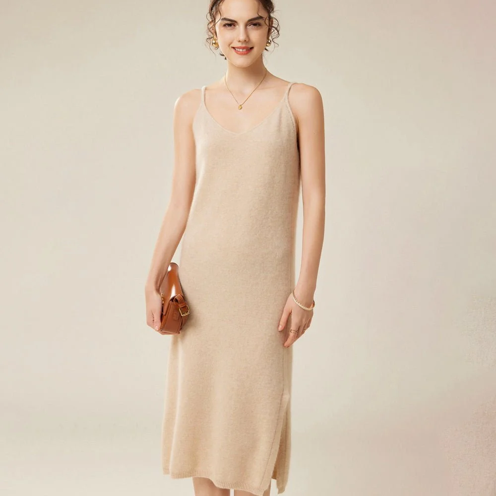 Vestido lencero de cachemira pura para mujer Vestidos de cachemira sin mangas con cuello en V - Imagen 4