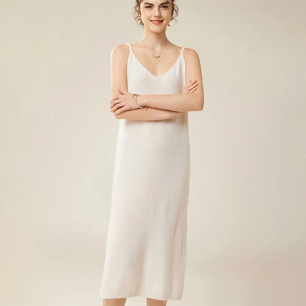 Vestido lencero de cachemira pura para mujer Vestidos de cachemira sin mangas con cuello en V - Imagen 9