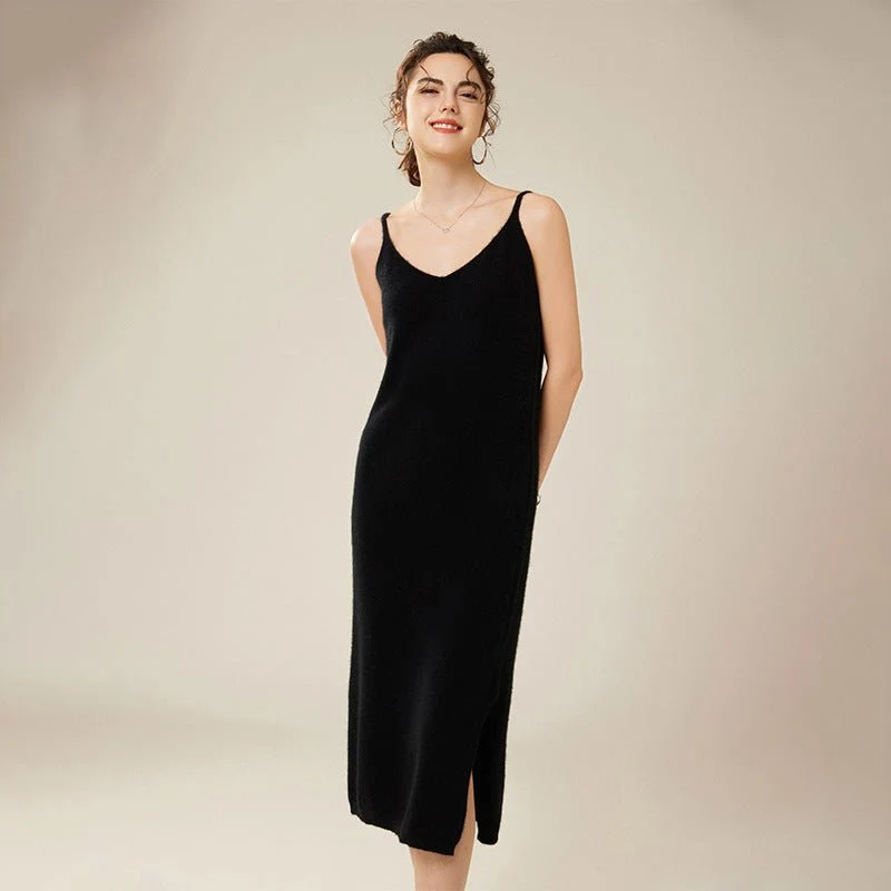 Vestido lencero de cachemira pura para mujer Vestidos de cachemira sin mangas con cuello en V - Imagen 3