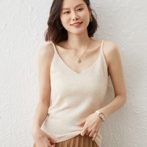 Camisetas sin mangas de cachemira con cuello en V para mujer Chaleco de cachemira con tirantes finos