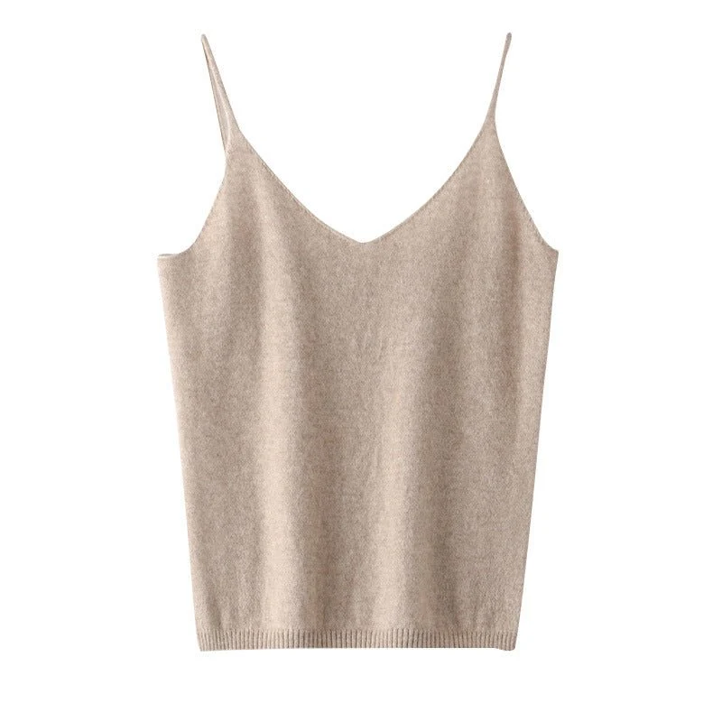 Camisetas sin mangas de cachemira con cuello en V para mujer Chaleco de cachemira con tirantes finos - Imagen 8
