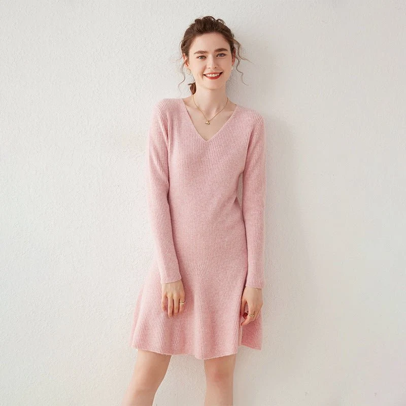 Vestido tipo suéter de cachemira acanalado con cuello en V para mujer Vestido de punto de cachemira con línea A - Imagen 7