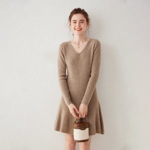 Vestido tipo suéter de cachemira acanalado con cuello en V para mujer Vestido de punto de cachemira con línea A