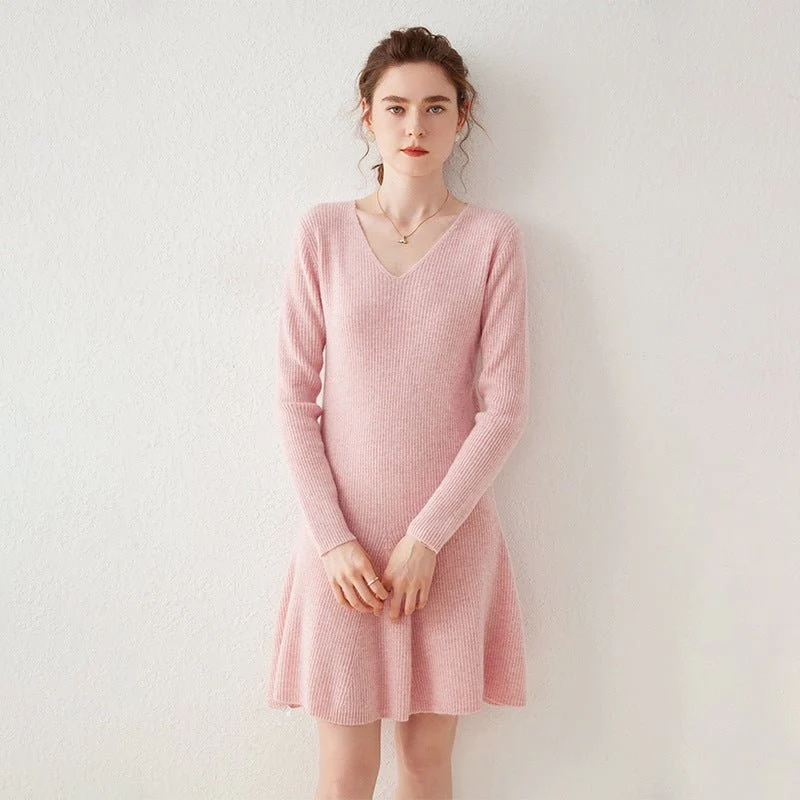 Vestido tipo suéter de cachemira acanalado con cuello en V para mujer Vestido de punto de cachemira con línea A - Imagen 6