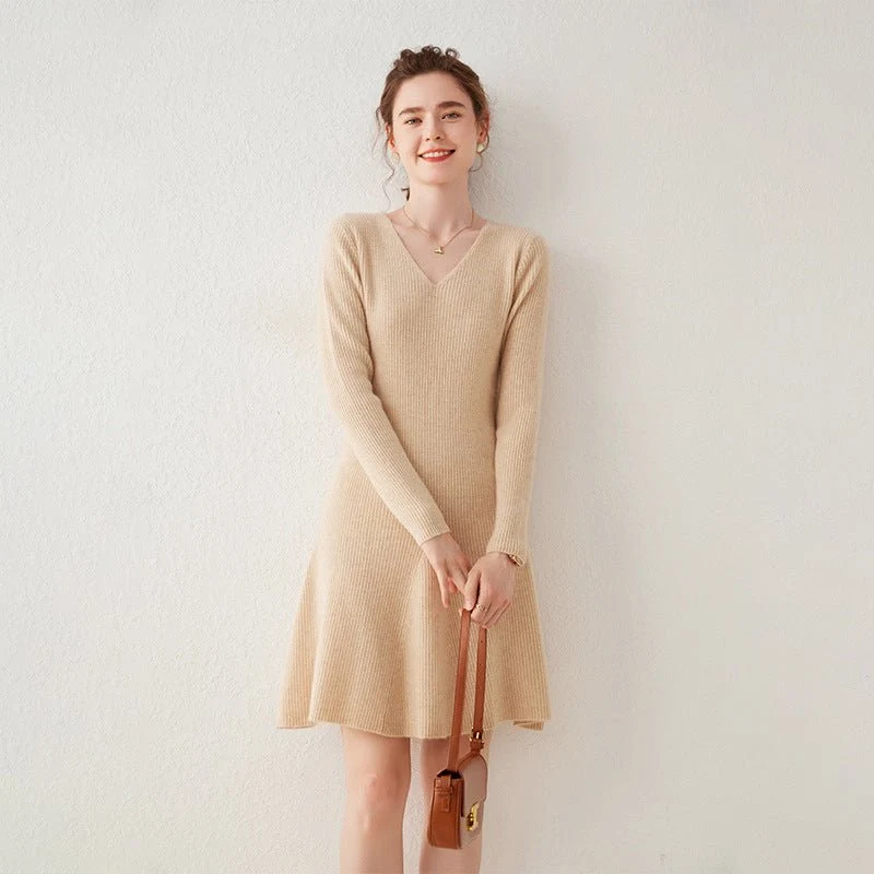 Vestido tipo suéter de cachemira acanalado con cuello en V para mujer Vestido de punto de cachemira con línea A - Imagen 3