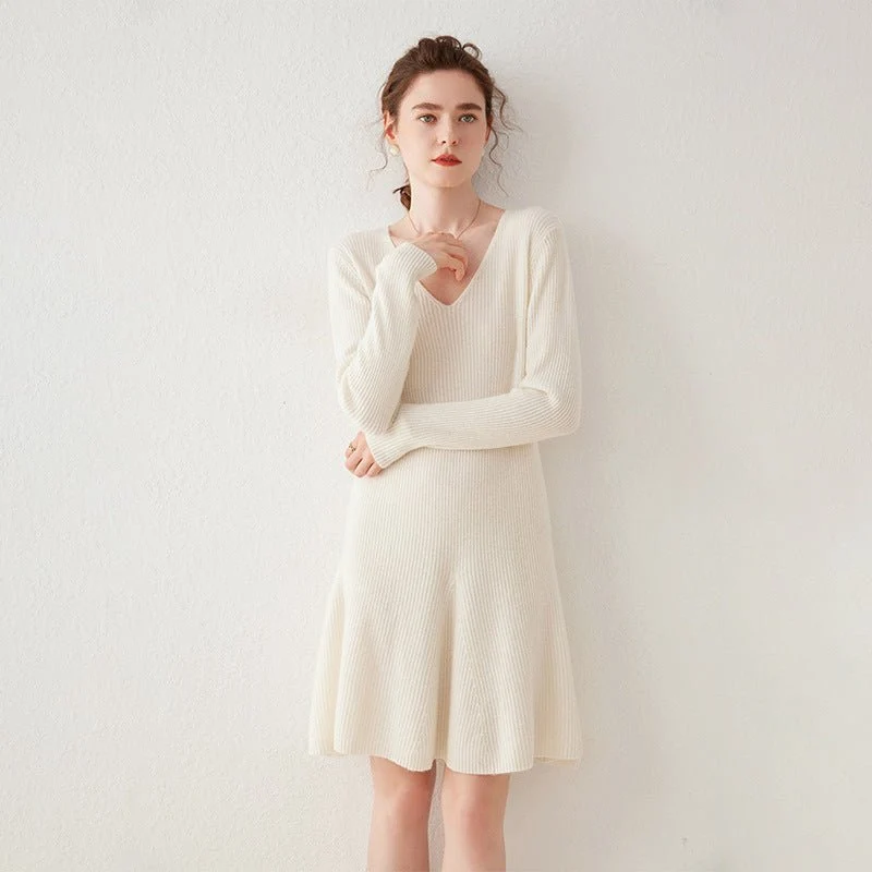 Vestido tipo suéter de cachemira acanalado con cuello en V para mujer Vestido de punto de cachemira con línea A - Imagen 5
