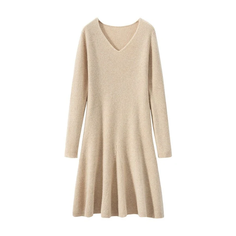 Vestido tipo suéter de cachemira acanalado con cuello en V para mujer Vestido de punto de cachemira con línea A - Imagen 4
