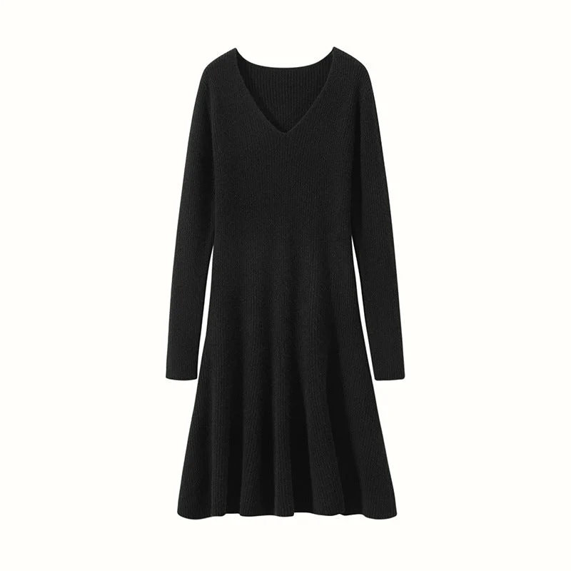 Vestido tipo suéter de cachemira acanalado con cuello en V para mujer Vestido de punto de cachemira con línea A - Imagen 8