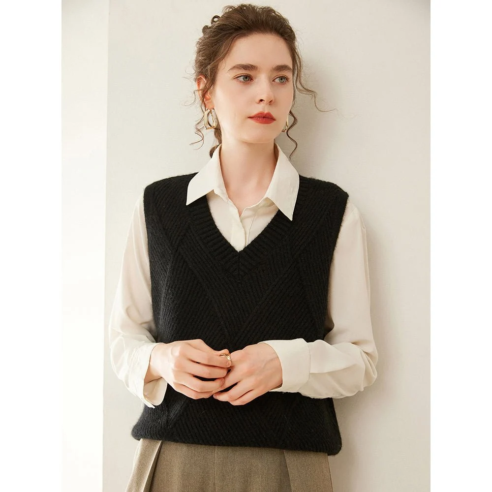Womens V Neck Ribbed Cashmere Sweater Vest Textured Cashmere Knit Pullover - Imagen 6