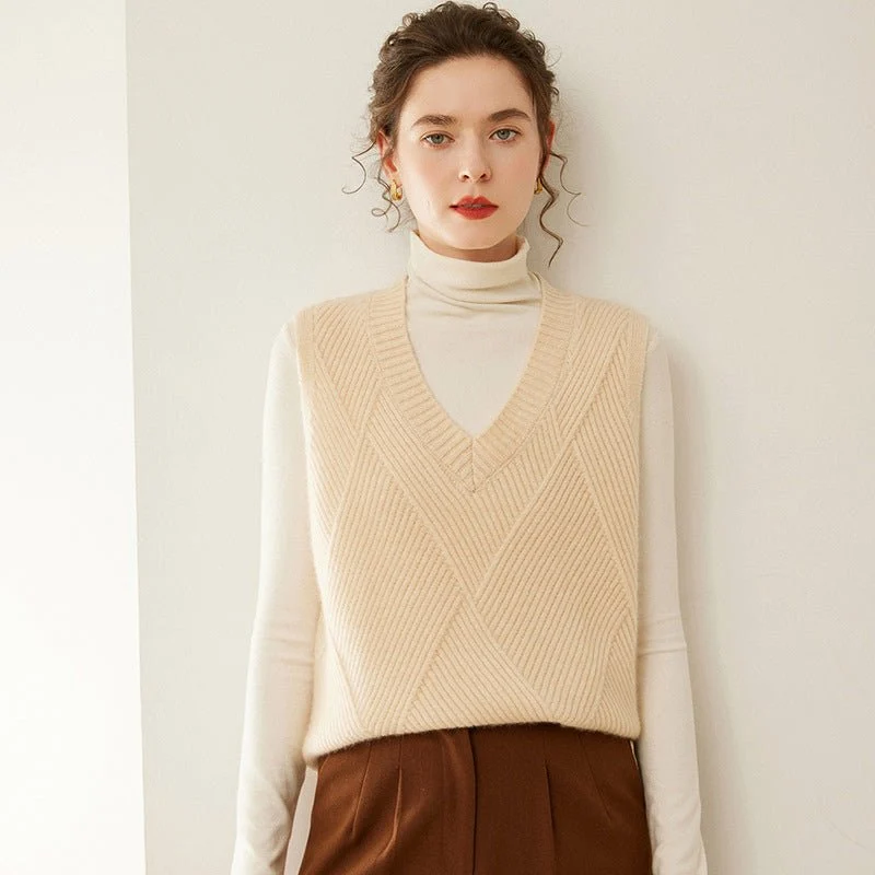 Womens V Neck Ribbed Cashmere Sweater Vest Textured Cashmere Knit Pullover - Imagen 4