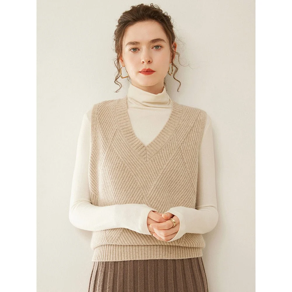 Womens V Neck Ribbed Cashmere Sweater Vest Textured Cashmere Knit Pullover - Imagen 3