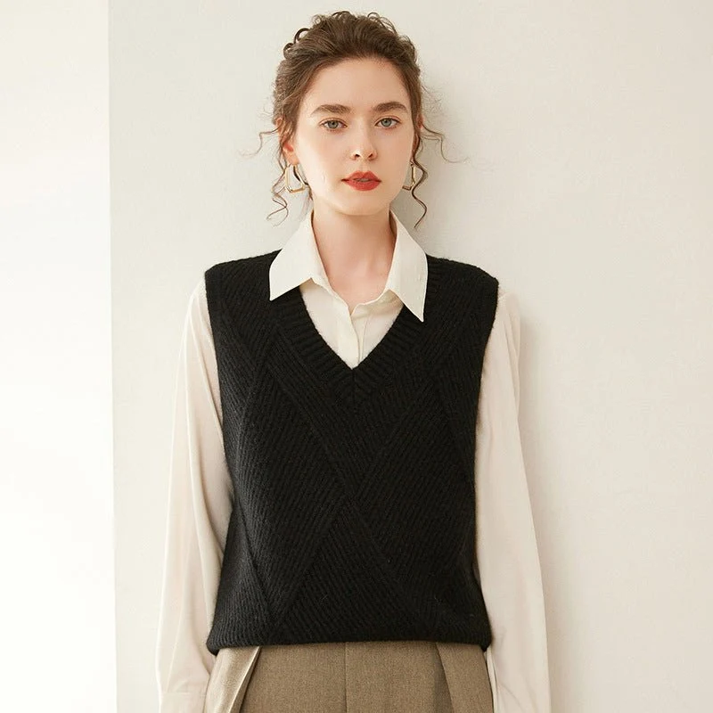Womens V Neck Ribbed Cashmere Sweater Vest Textured Cashmere Knit Pullover - Imagen 5