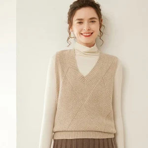 Womens V Neck Ribbed Cashmere Sweater Vest Textured Cashmere Knit Pullover