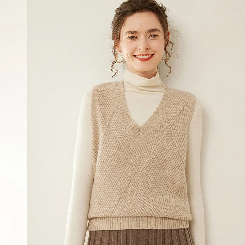 Womens V Neck Ribbed Cashmere Sweater Vest Textured Cashmere Knit Pullover - Imagen 2