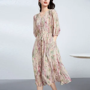 Vestido midi de seda con cuello en V y estampado floral de media manga para mujer