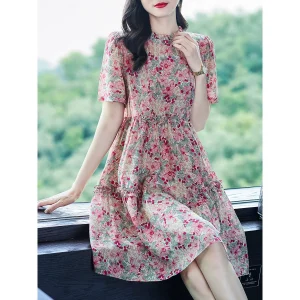 Vestido midi floral de seda de inspiración vintage para mujer Vestido de seda rosa