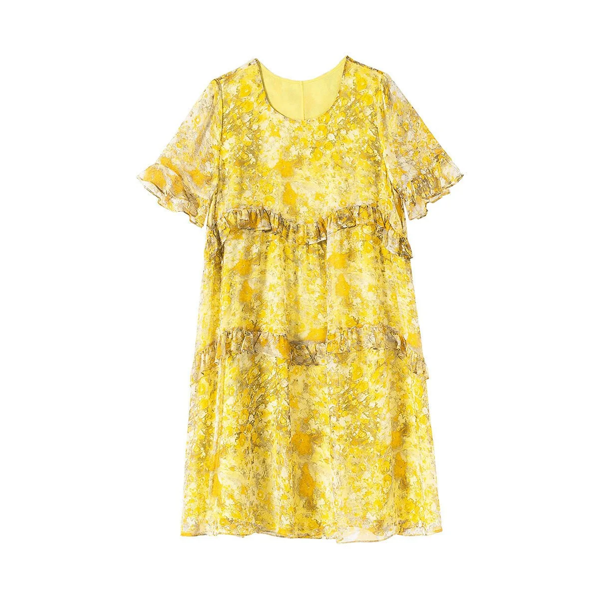 Vestido de seda amarillo con volantes para mujer Watercolor Vestido corto de seda con estampado floral - Imagen 6