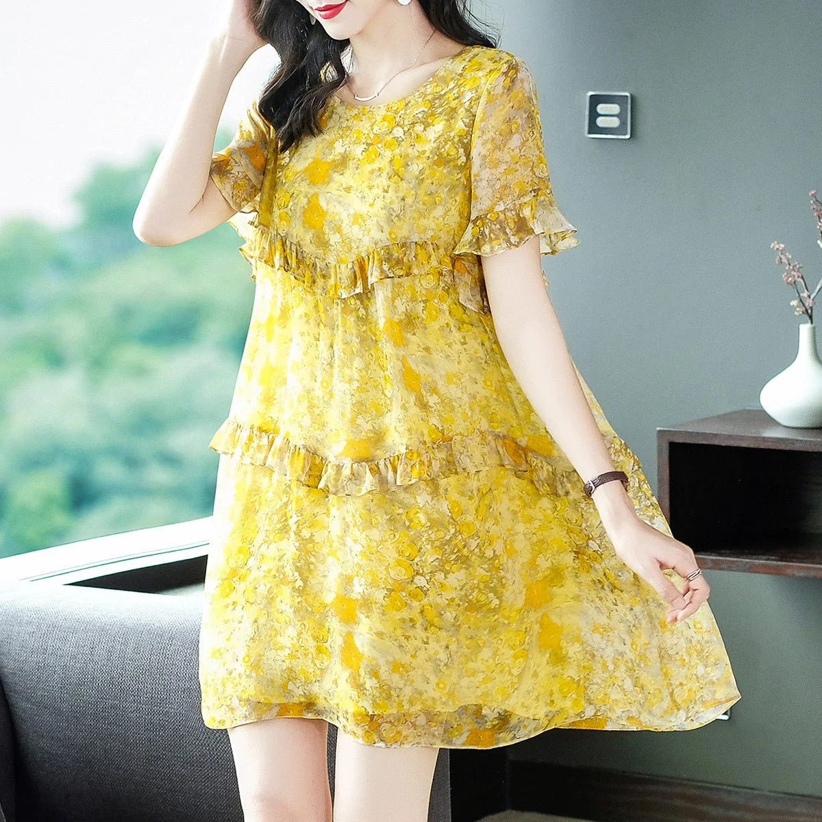 Vestido de seda amarillo con volantes para mujer Watercolor Vestido corto de seda con estampado floral - Imagen 4