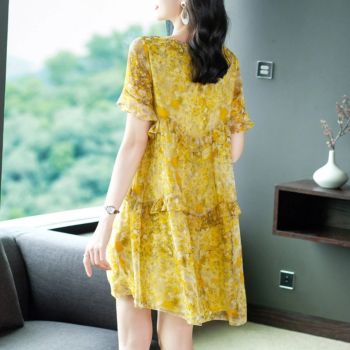 Vestido de seda amarillo con volantes para mujer Watercolor Vestido corto de seda con estampado floral - Imagen 5