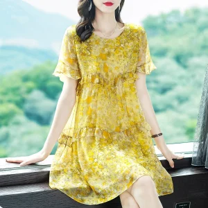 Vestido de seda amarillo con volantes para mujer Watercolor Vestido corto de seda con estampado floral