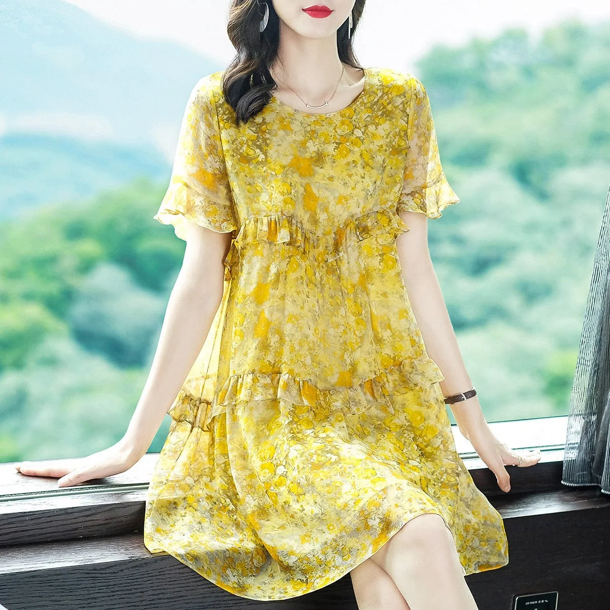Vestido de seda amarillo con volantes para mujer Watercolor Vestido corto de seda con estampado floral
