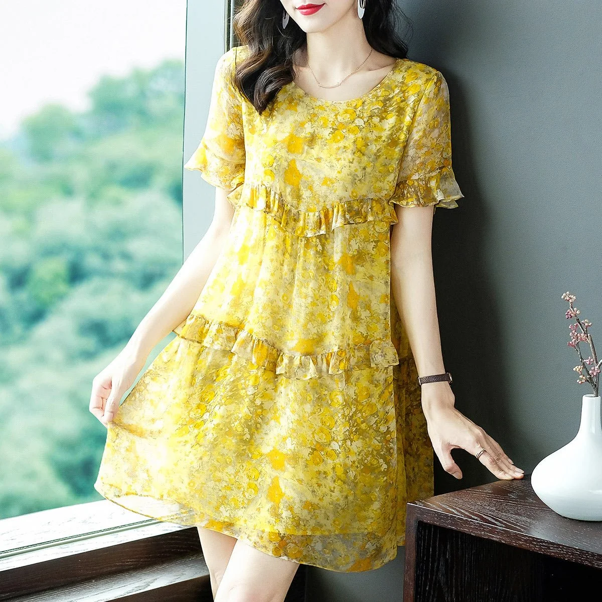 Vestido de seda amarillo con volantes para mujer Watercolor Vestido corto de seda con estampado floral - Imagen 3